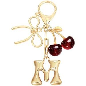 Bubble Initial Keychain Bow Cherry Gold Letter Bag Charm for Women Purse Handbag